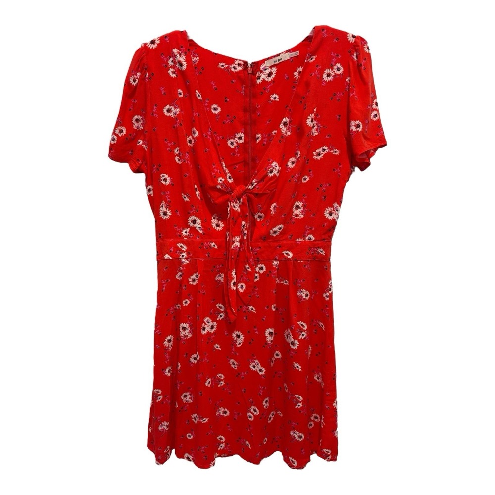 Mi Ami Dress Women Medium Orange Floral Mini Bow Front Vneck Short Sleeve Zip Up